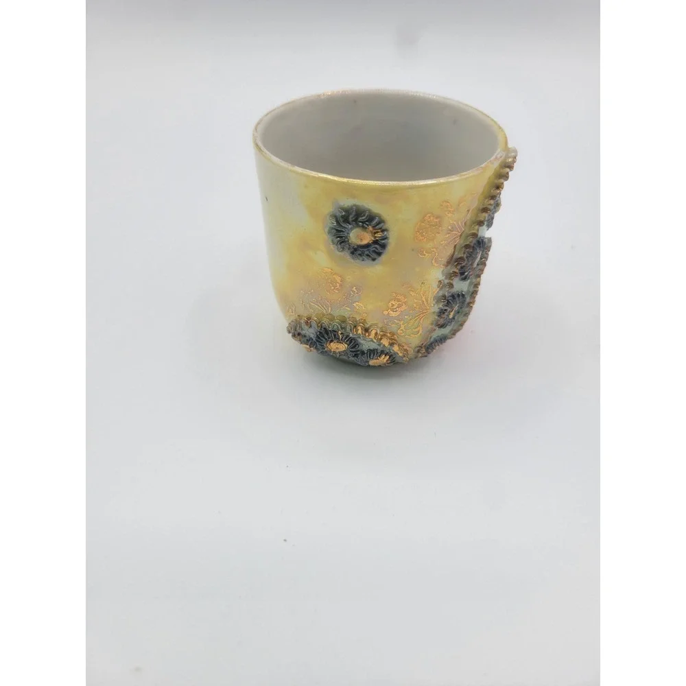Vintage Moriage Lusterware Demitasse Cup Yellow Iridescent Gold Gilt Floral 3D